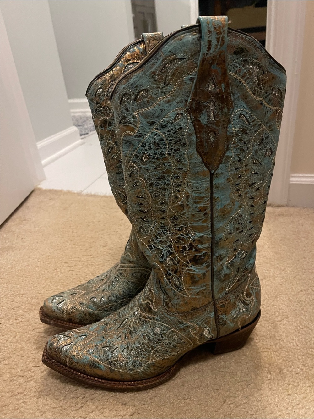 Corral Turquoise Metallic Embroidered Cowboy Boots - Women's 9.5